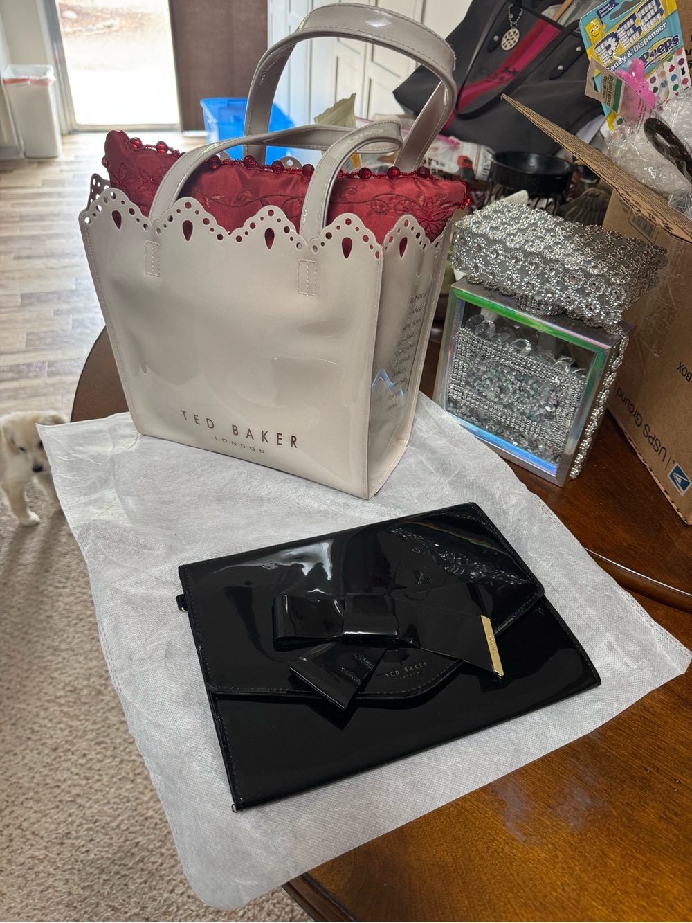 Ted Baker white Patent Tote Bag, Double Handles, Black clutch